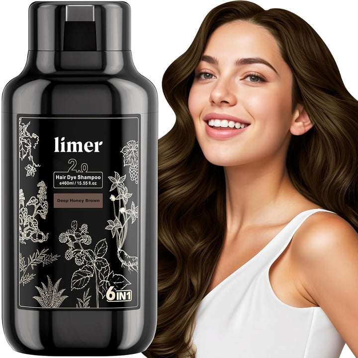 Limer front packaging showing bottle and deep honey brown shade benefit