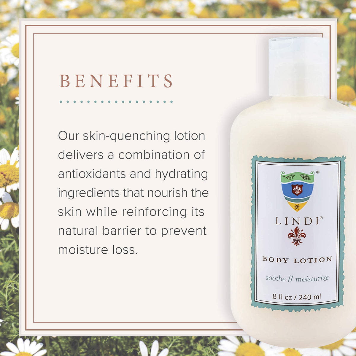 Lindi Skin ingredients flatlay showing botanicals that provide antioxidant and soothing benefits