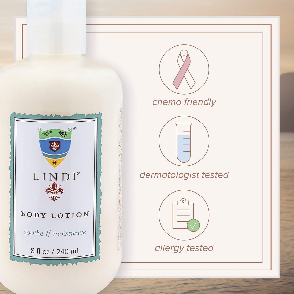 Lindi Skin label close-up displaying ingredient claims for reassurance and transparency