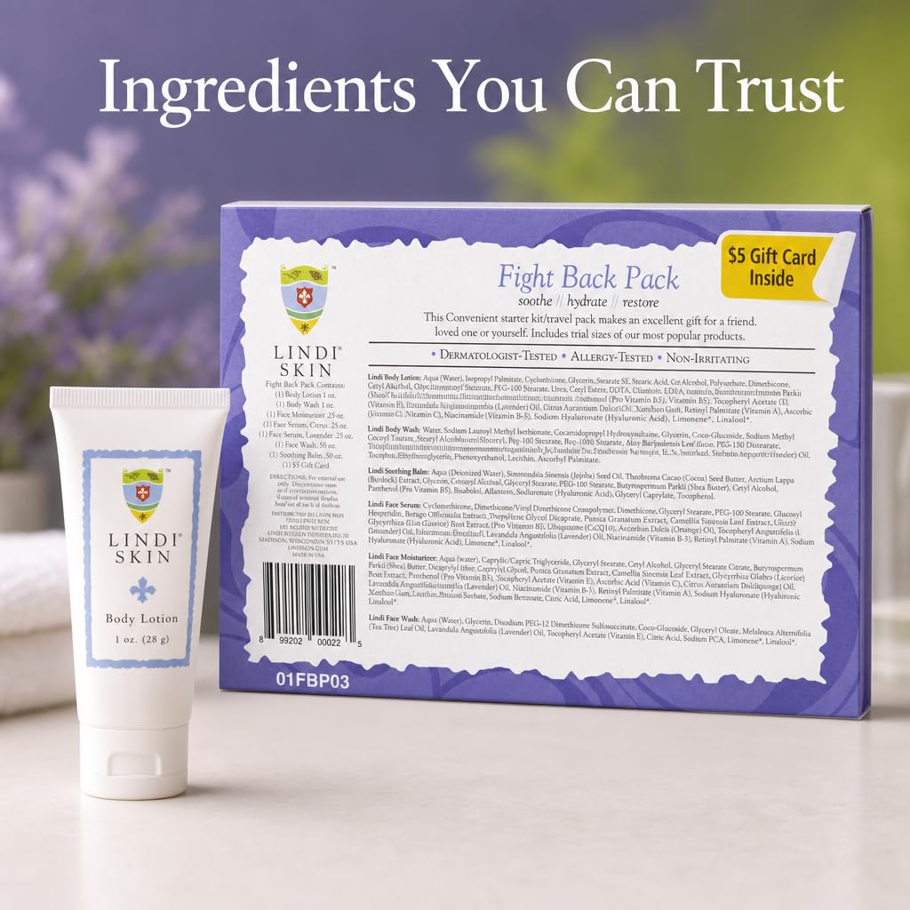 Lindi Skin body wash bottle label visible promoting mild cleansing comfort