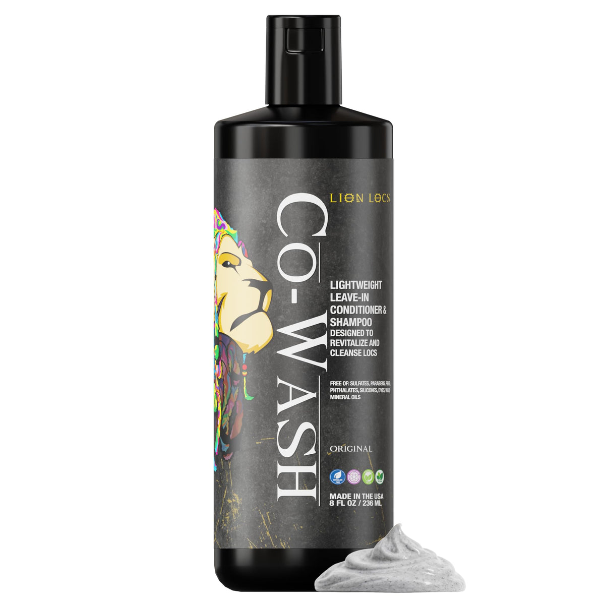 Lion Locs front bottle view showing label and clean design benefits