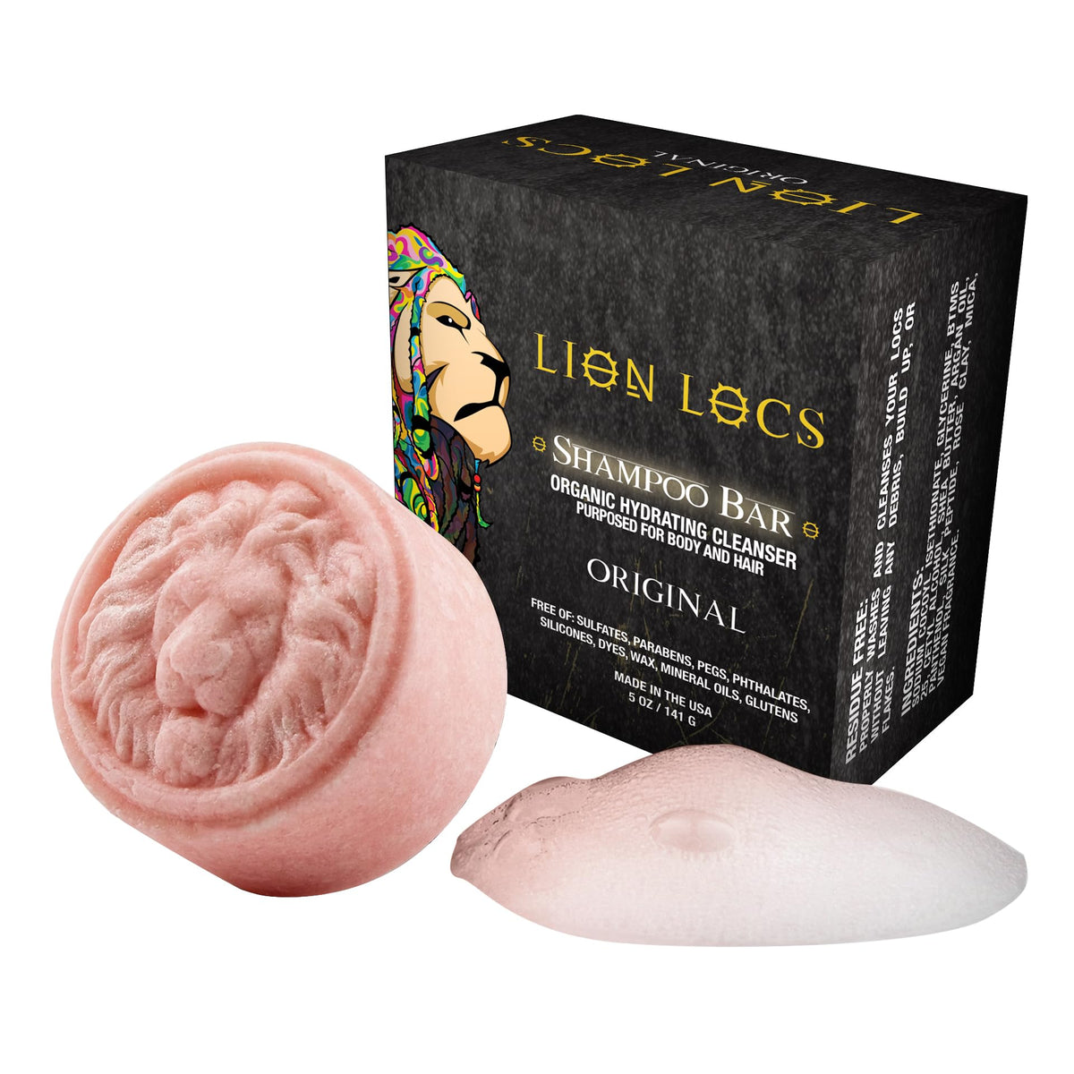 Lion Locs front packaging showing solid bar and benefits