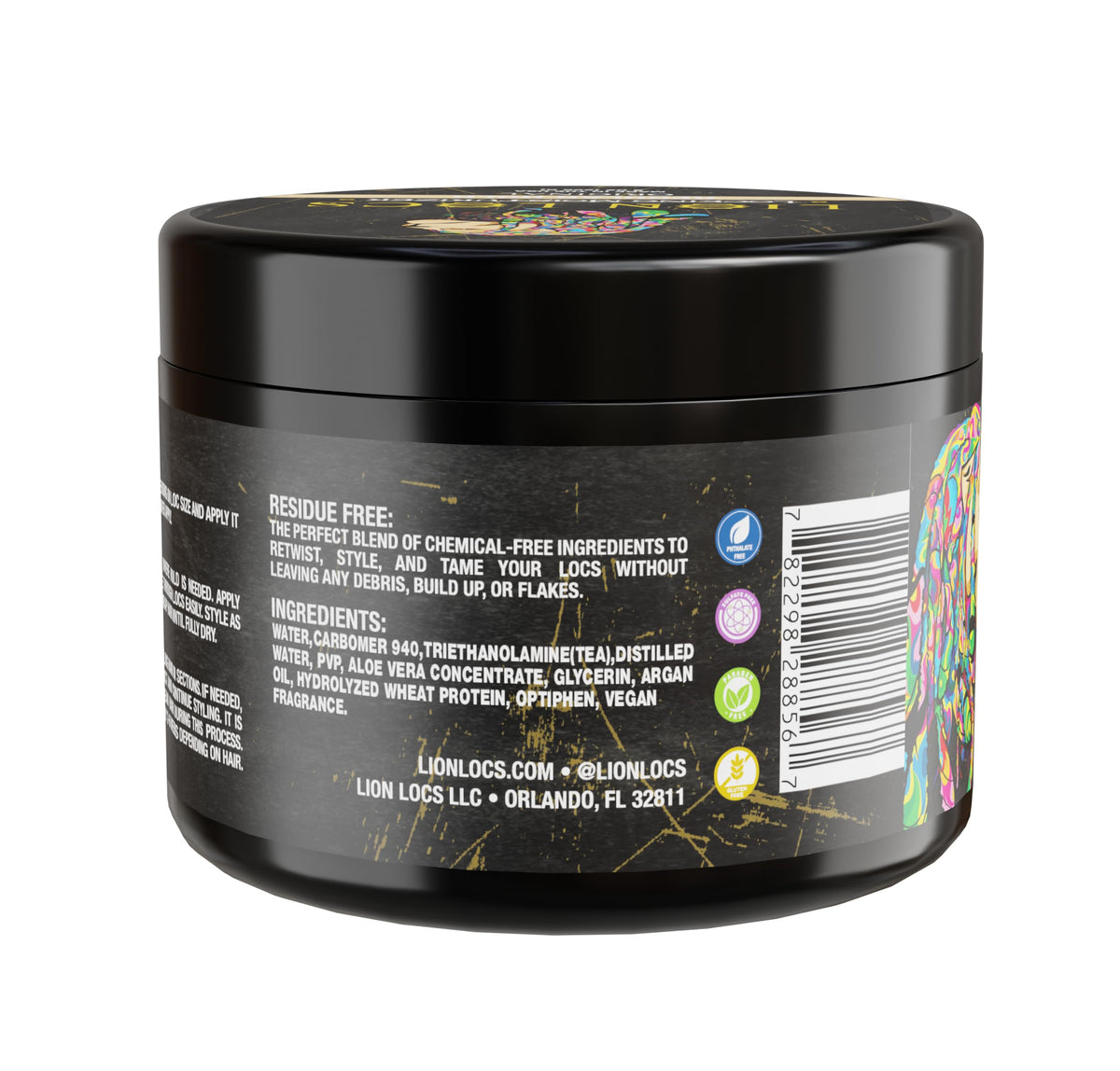 Lion Locs ingredients display with argan oil, jojoba, and aloe illustrating nourishment