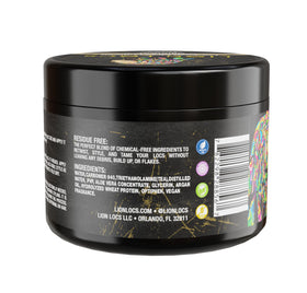 Lion Locs ingredients display with argan oil, jojoba, and aloe illustrating nourishment