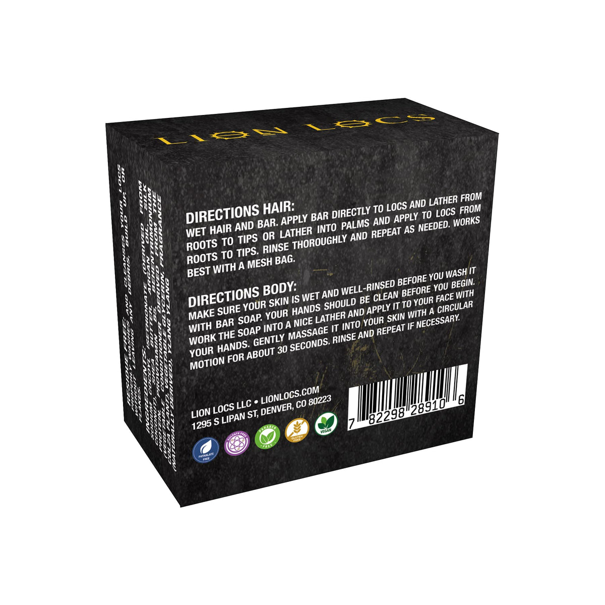Lion Locs label close-up showing pH-balanced, color-safe formula