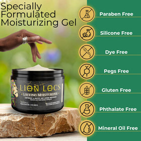 Lion Locs label close-up highlighting organic ingredients and clean formulation