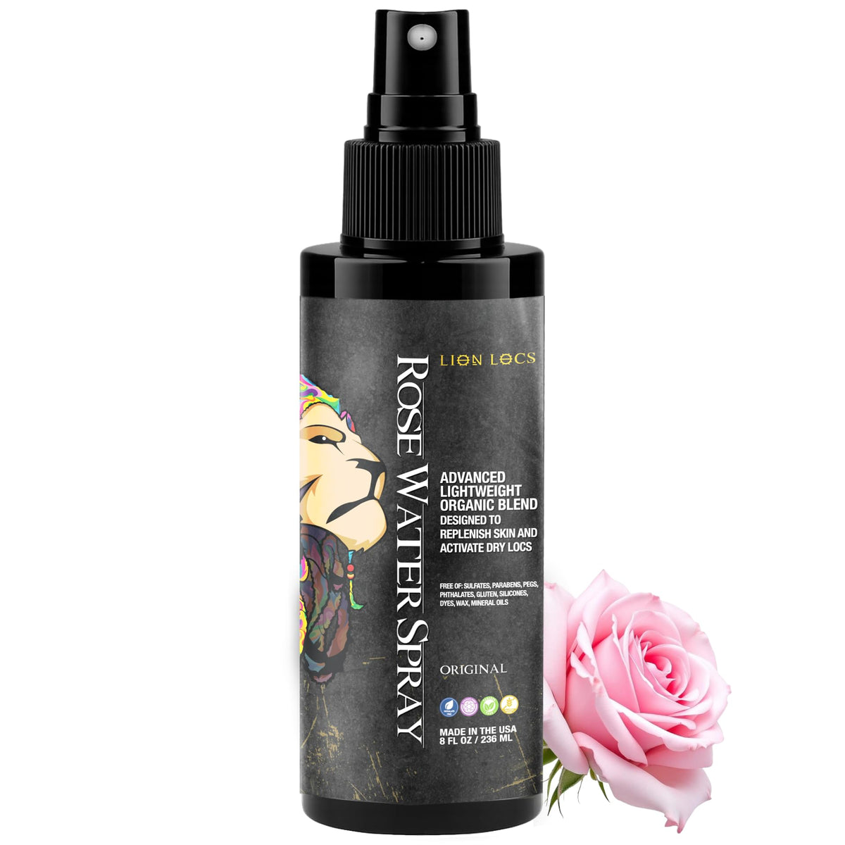 Lion Locs bottle front packaging showing organic rose water and benefit