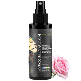 Lion Locs bottle front packaging showing organic rose water and benefit