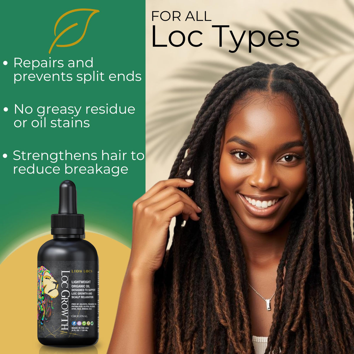 Lion Locs oil pouring texture highlighting lightweight, non-greasy absorption benefit