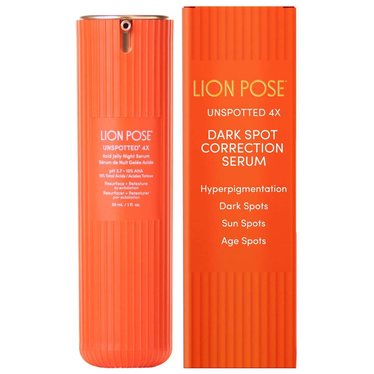 LION POSE front packaging showing serum bottle and brand promise for clearer skin