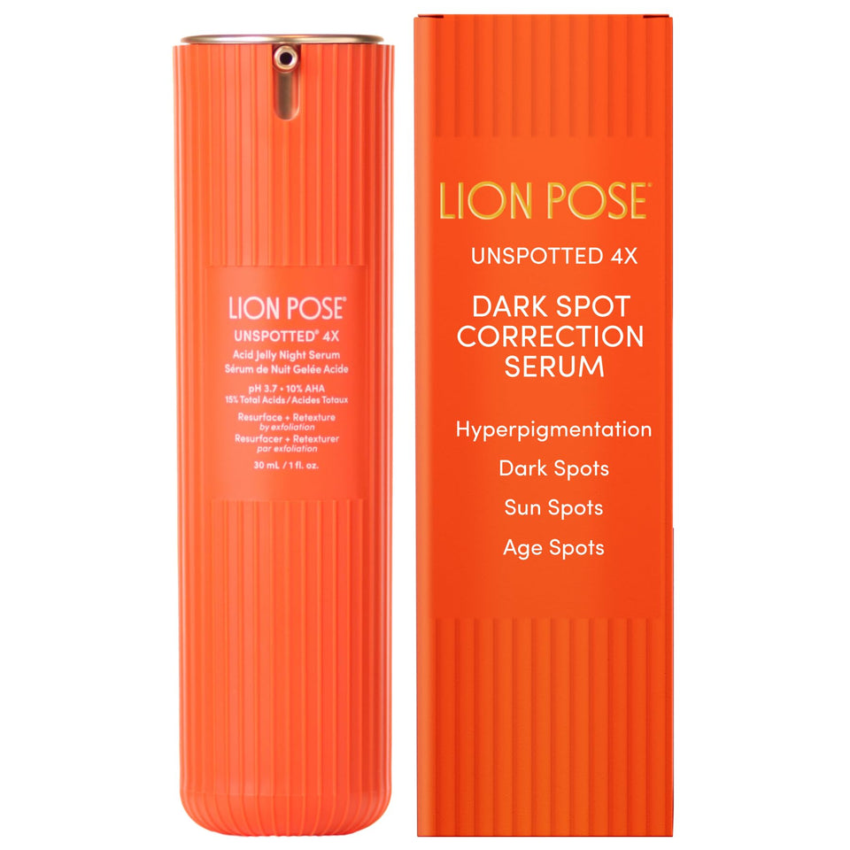LION POSE front packaging showing serum bottle and brand promise for clearer skin