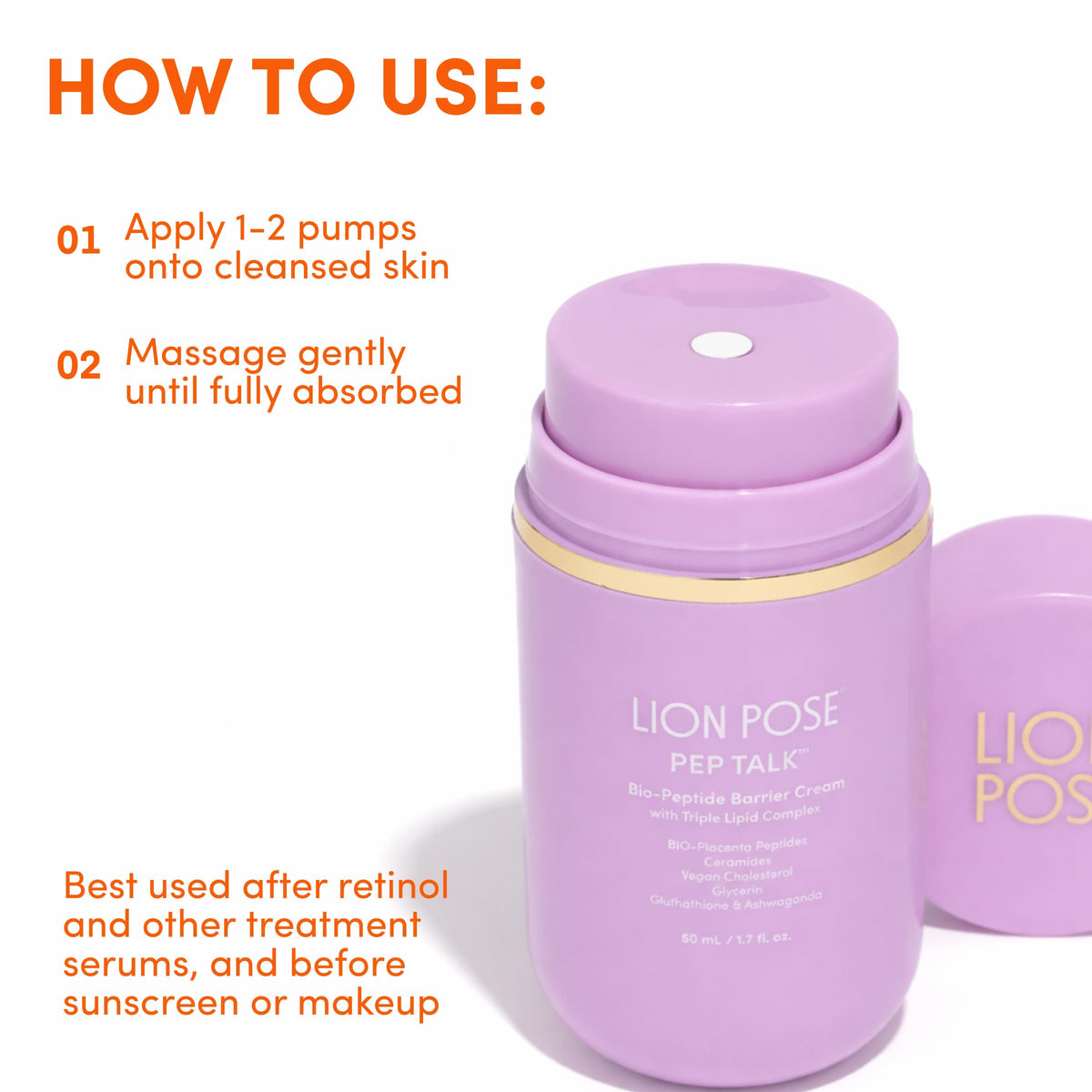 LION POSE ingredients label detail focusing on Vegan Bio-Placenta and ceramides benefits