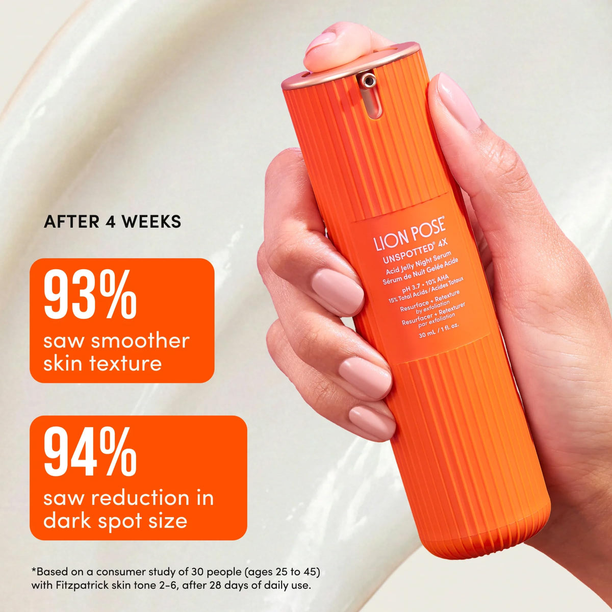 LION POSE size comparison in hand illustrating compact 1 oz travel-friendly bottle