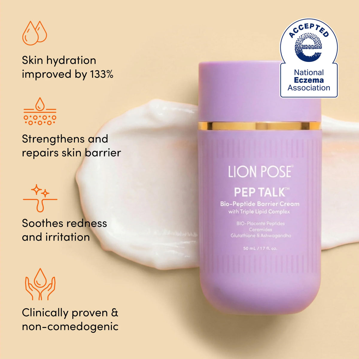 LION POSE texture close-up highlighting creamy finish and quick absorption benefit