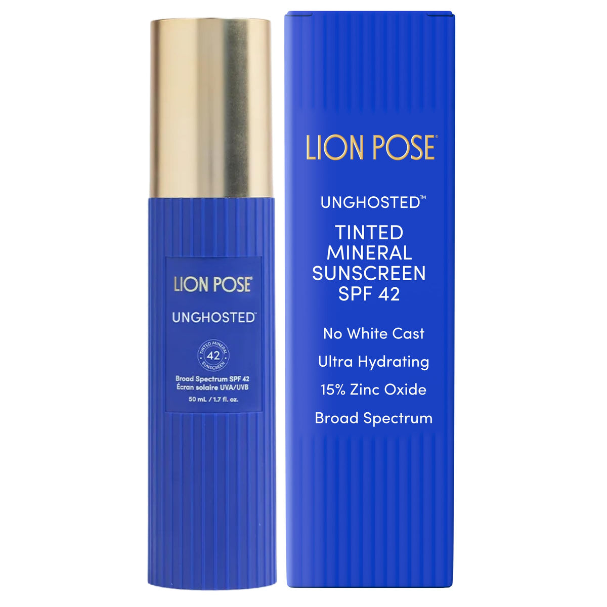 Lion Pose UNGHOSTED front tube showing compact travel size and SPF benefit