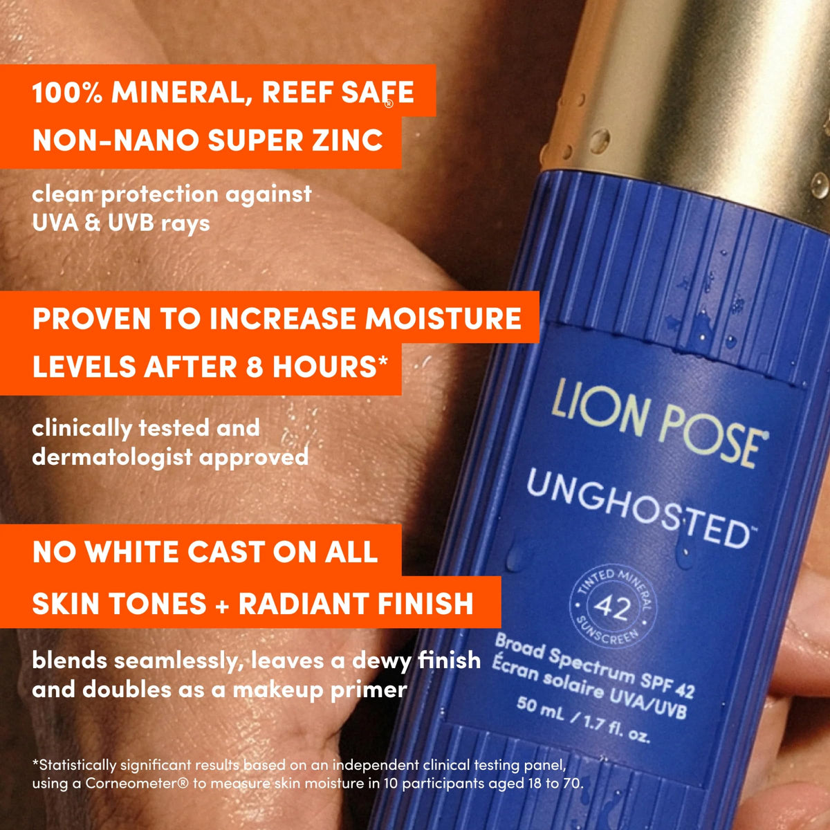 Lion Pose UNGHOSTED beside everyday items to show 1.7 fl oz scale