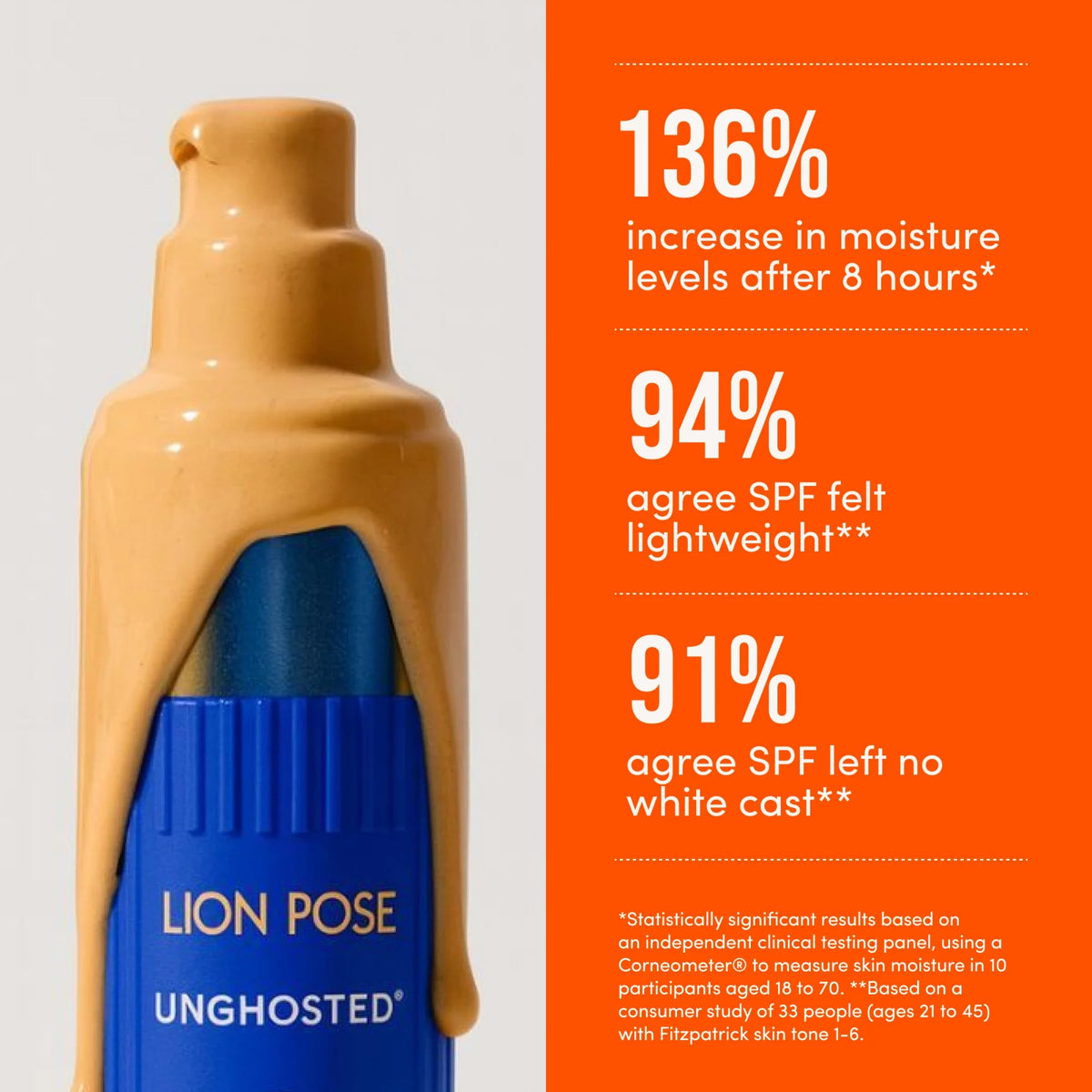 Lion Pose UNGHOSTED swatch on arm showing sheer tint and minimal white cast