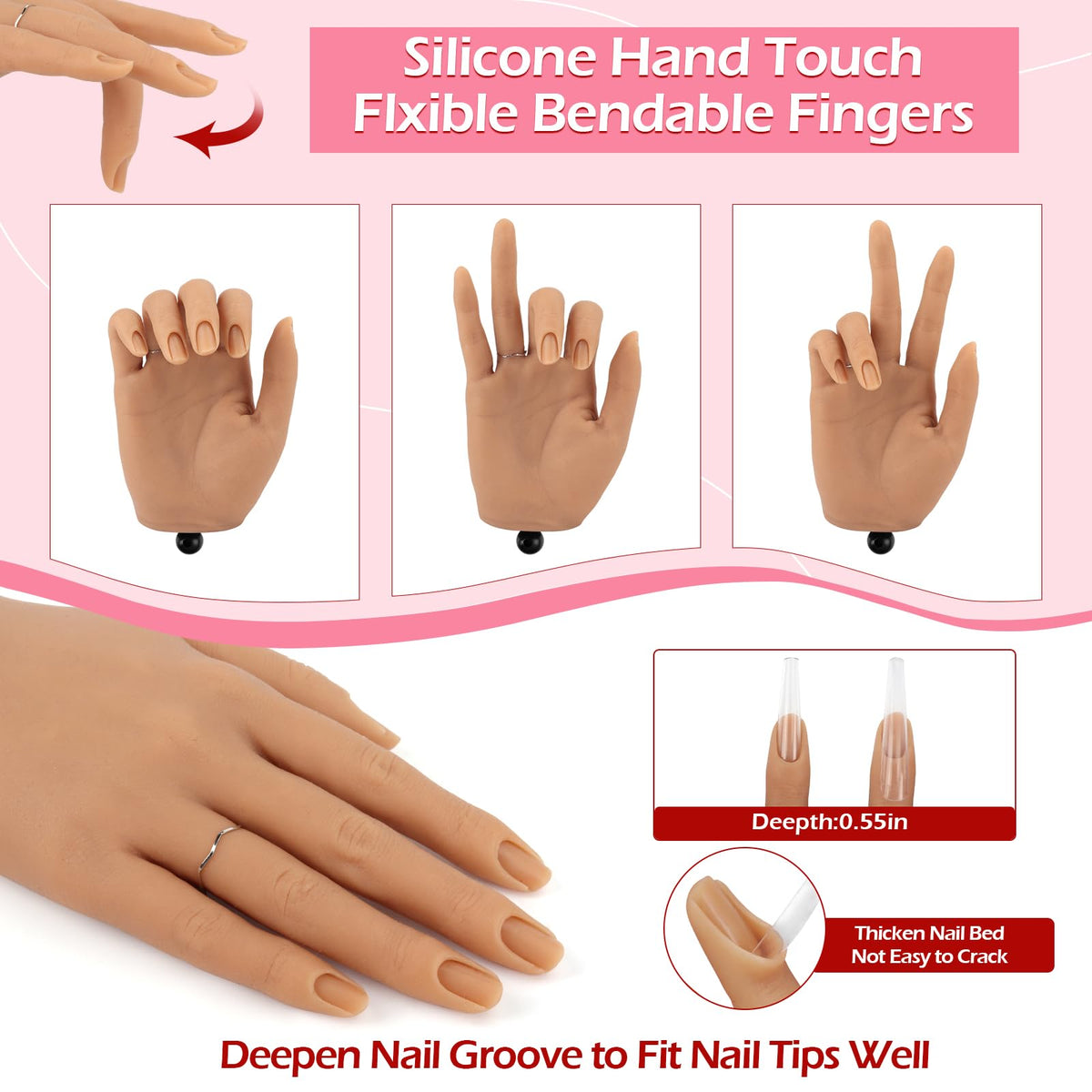 LIONVISON flexible fingers bent at angles for realistic nail positioning benefit