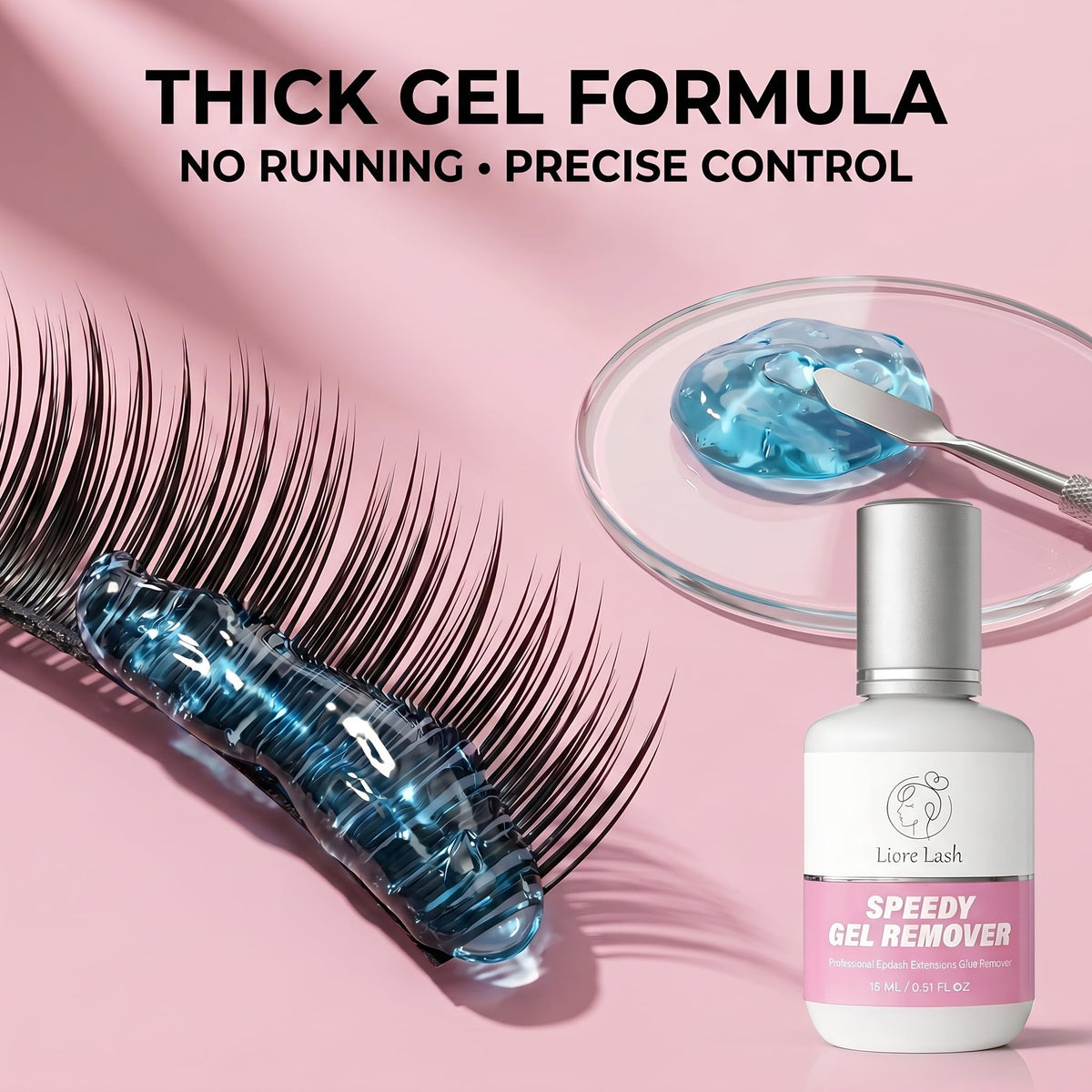 Liore Lash gel applied on lash strip illustrating precise application benefit