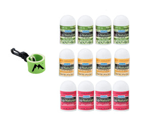 Lip Naturals front packaging showing all mini balms and keychain holder benefit: portable protection