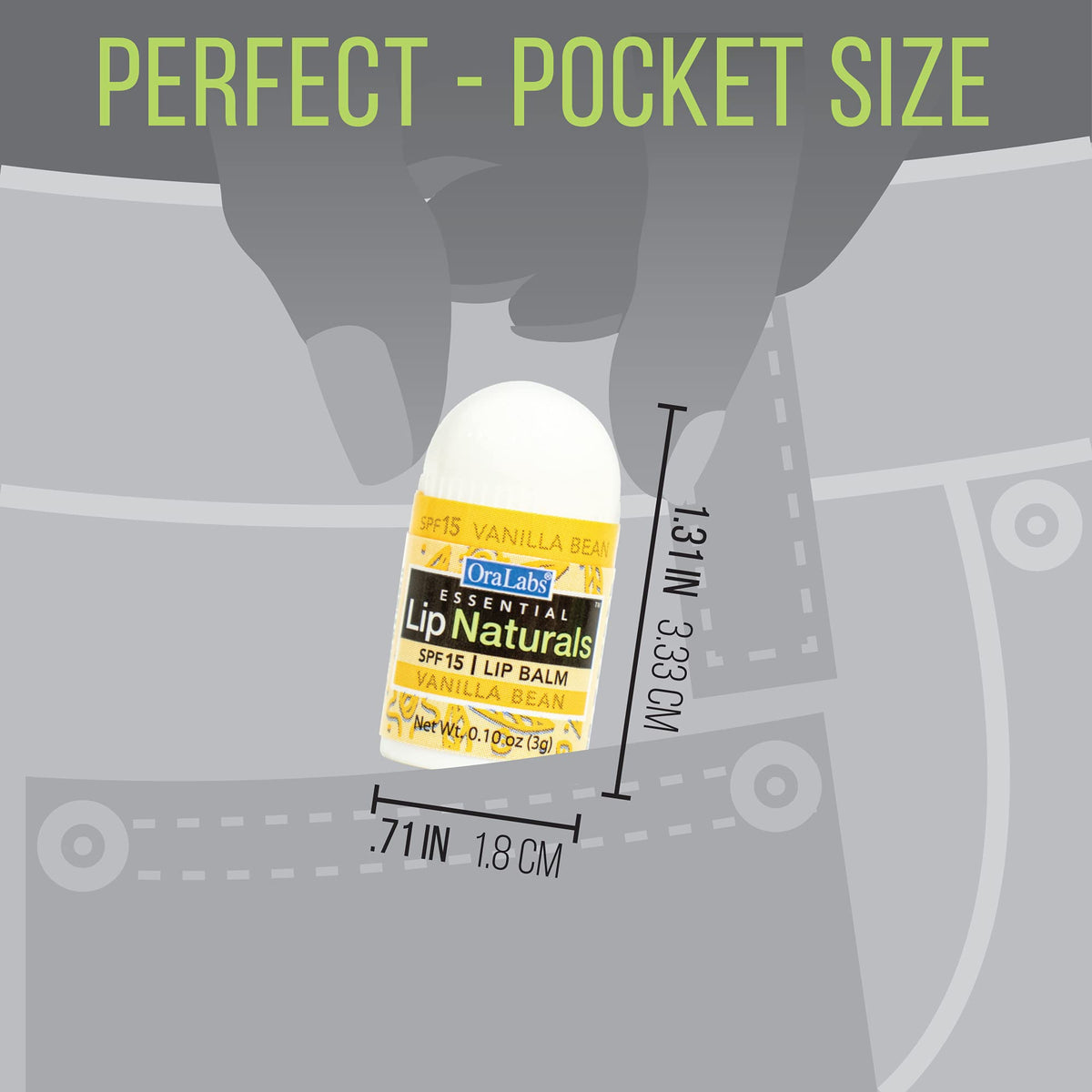 Lip Naturals size comparison in hand illustrating compact 0.10oz travel-friendly convenience