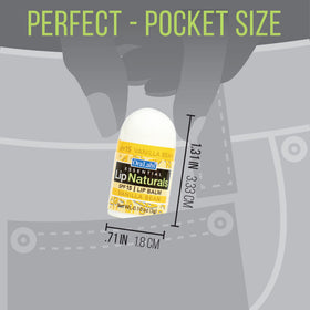 Lip Naturals size comparison in hand illustrating compact 0.10oz travel-friendly convenience