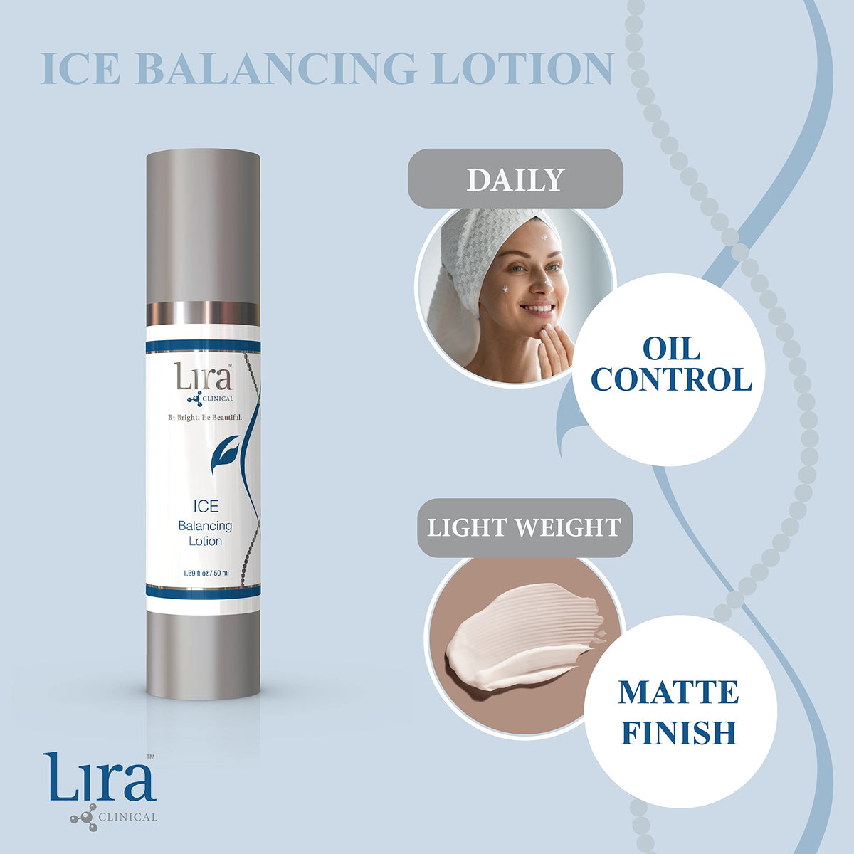 Lira Clinical bottle held in hand for size comparison, showing travel-friendly 50 ml