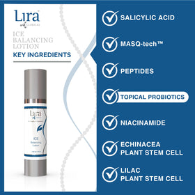 Lira Clinical lotion on bathroom counter with towel, suggesting easy daily routine
