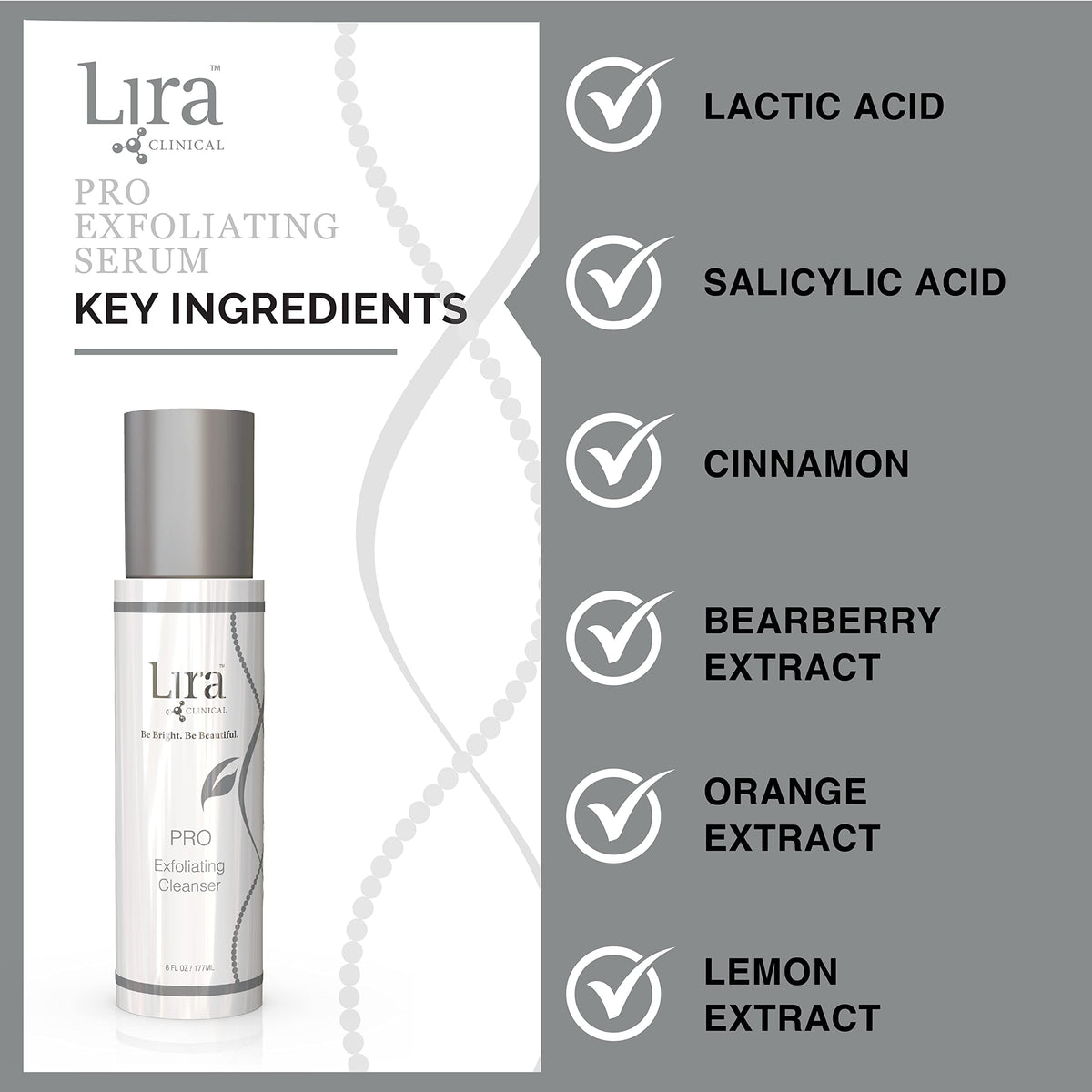Lira Clinical ingredient label closeup showing salicylic and lactic acids