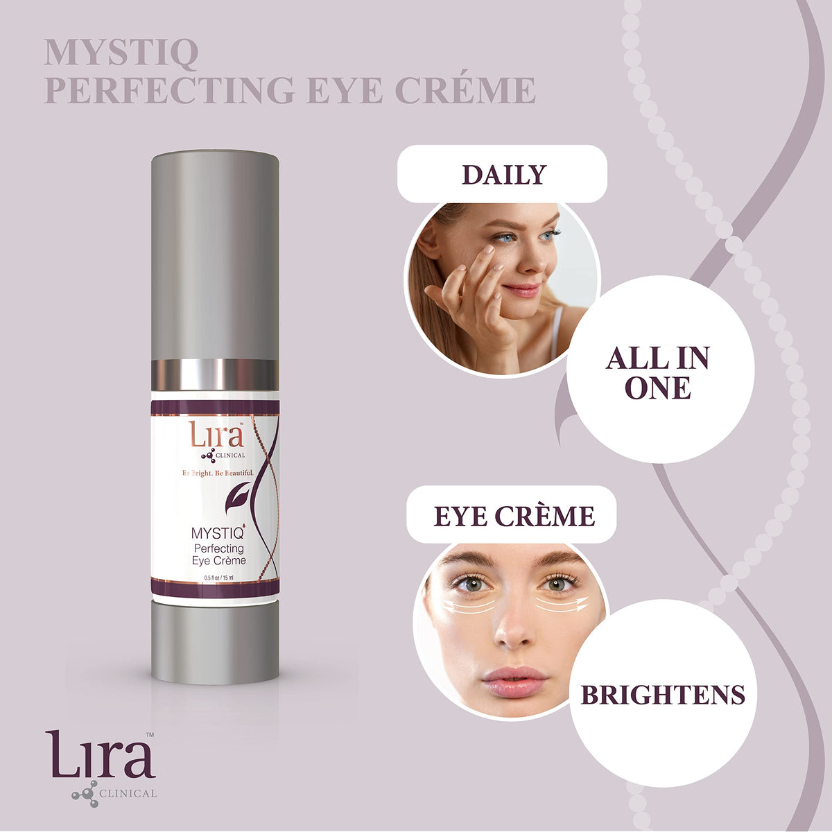 Lira Clinical MYSTIQ applied under eye demonstrating gentle patting and visible smoothing