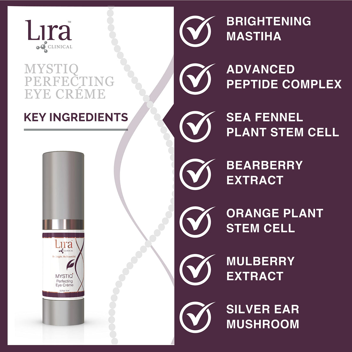Lira Clinical MYSTIQ ingredient label showing plant stem cells and peptide highlights
