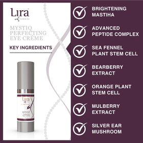 Lira Clinical MYSTIQ ingredient label showing plant stem cells and peptide highlights