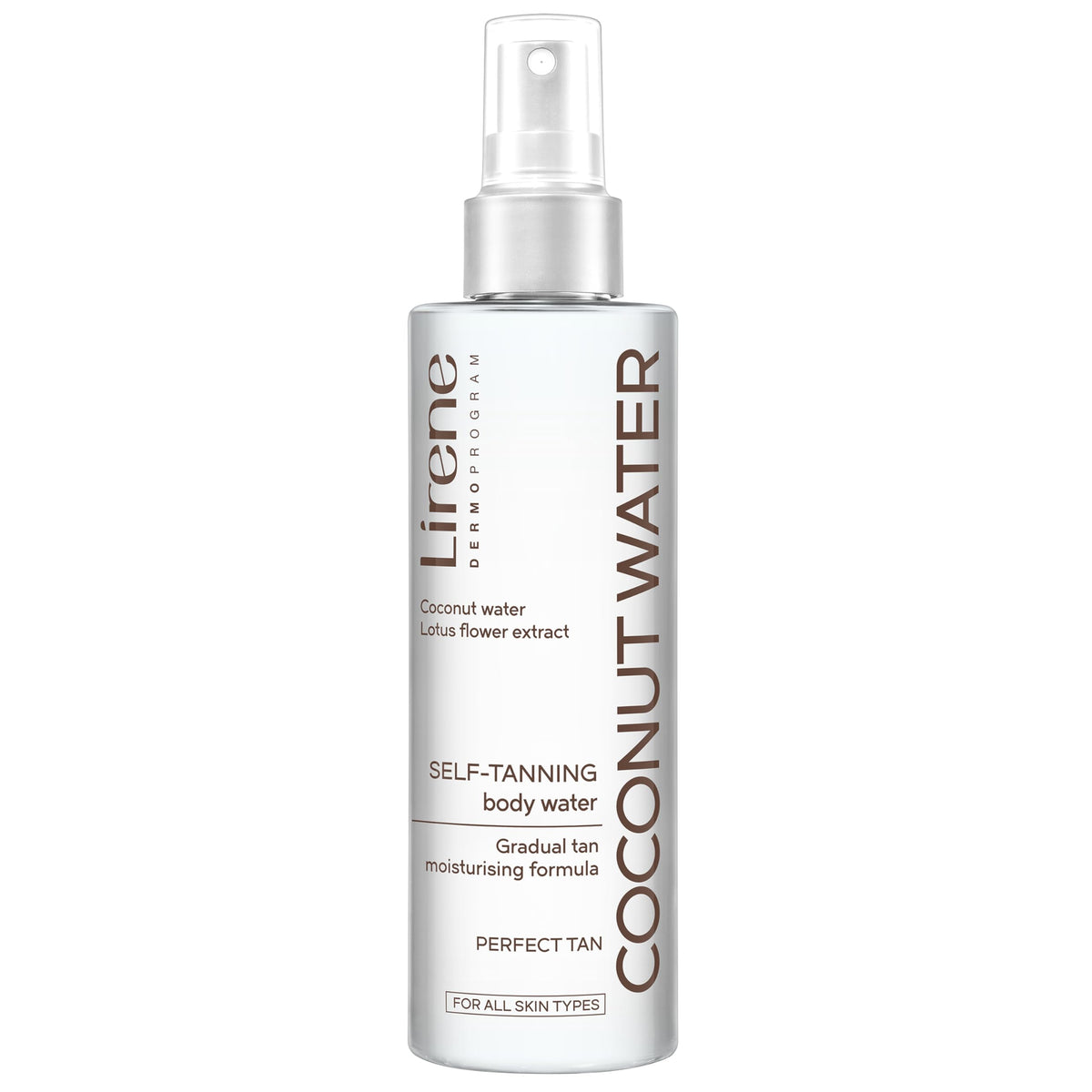Lirene front packaging showing coconut water benefits and quick bronze
