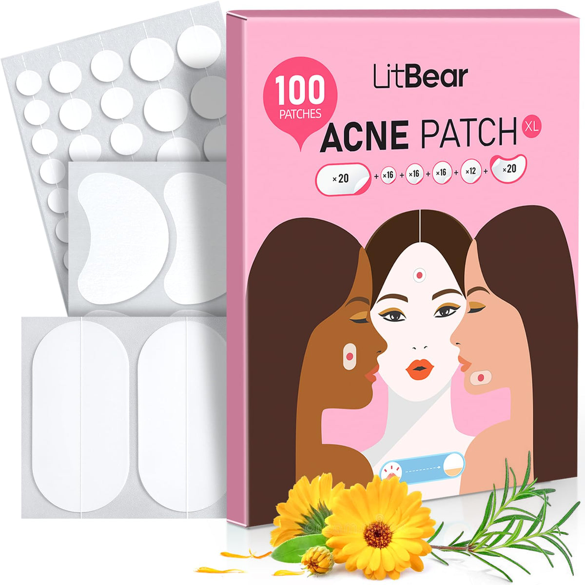 LitBear front packaging showing 100 large acne patches and sizes, clear protection benefit