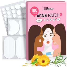 LitBear front packaging showing 100 large acne patches and sizes, clear protection benefit