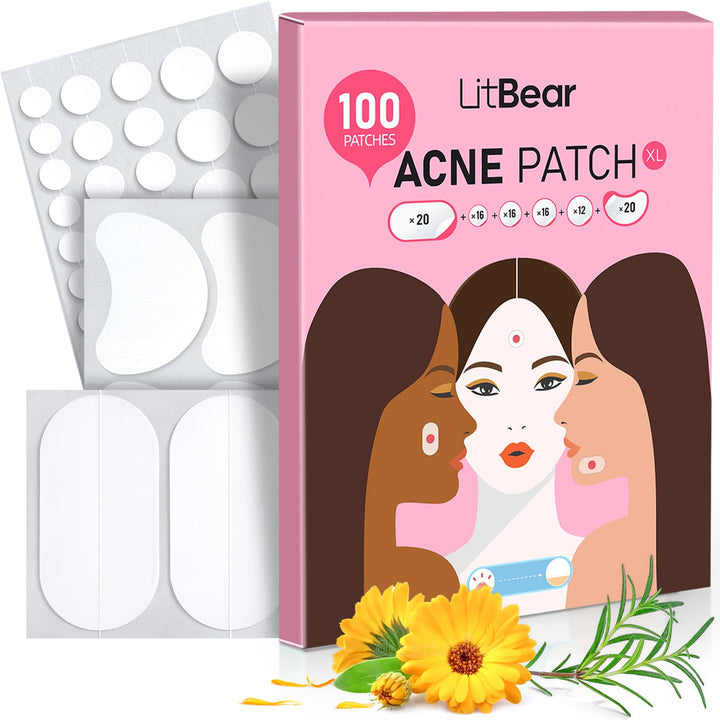LitBear front packaging showing 100 large acne patches and sizes, clear protection benefit