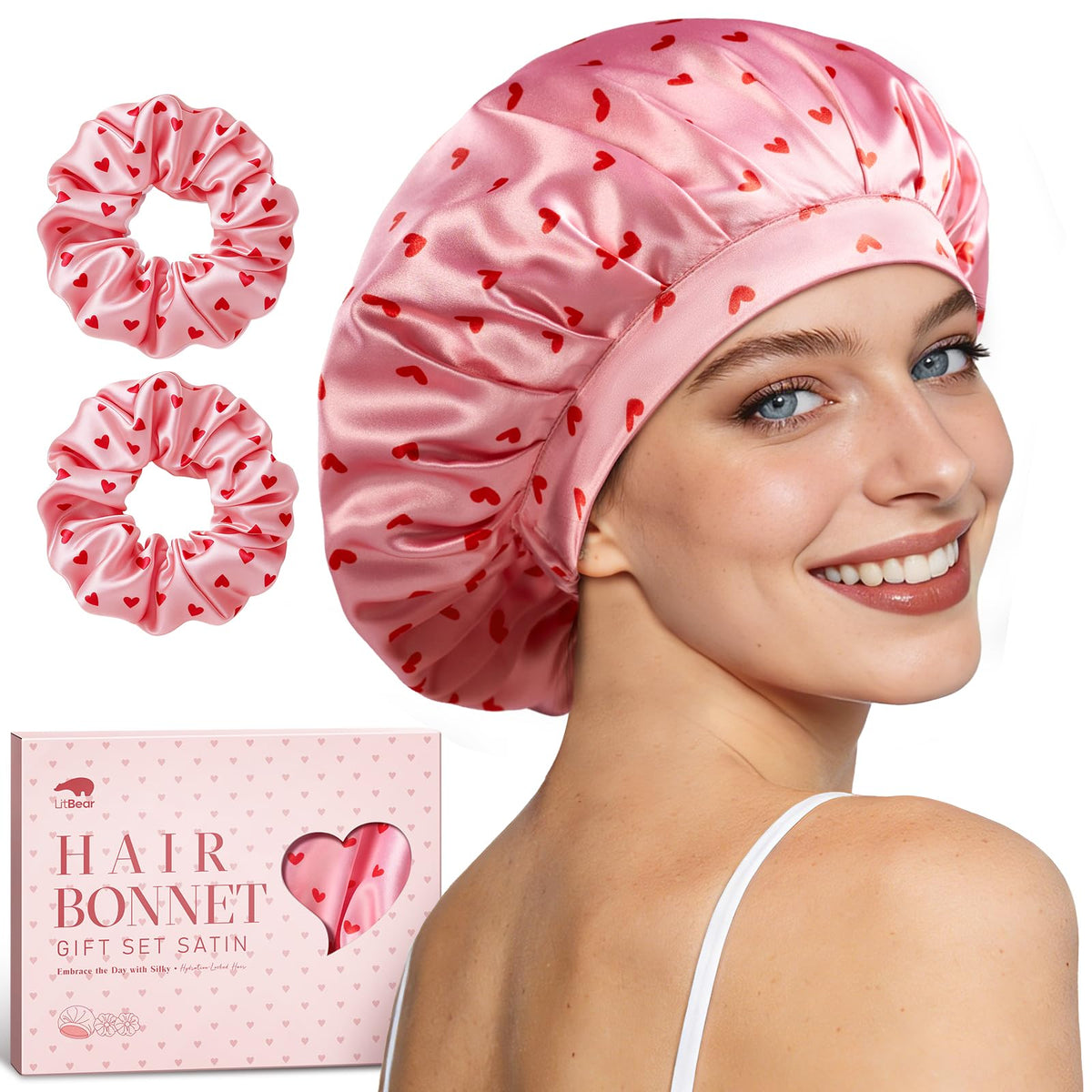 LitBear front view heart pattern bonnet shows stylish protective sleepwear