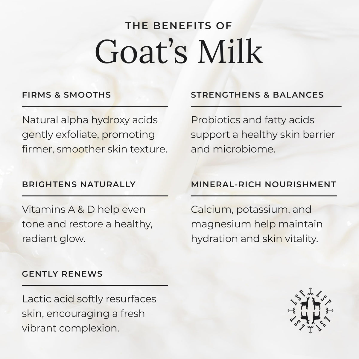 Little Seed Farm goat's milk ingredient bottle highlighting nourishing nutrients