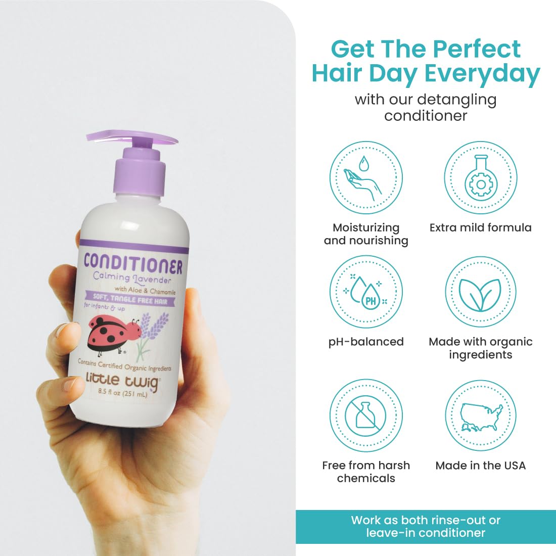 Little Twig conditioner applied on child hair reducing tangles and improving manageability