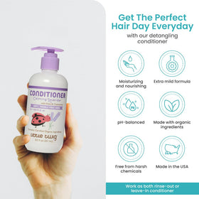 Little Twig conditioner applied on child hair reducing tangles and improving manageability
