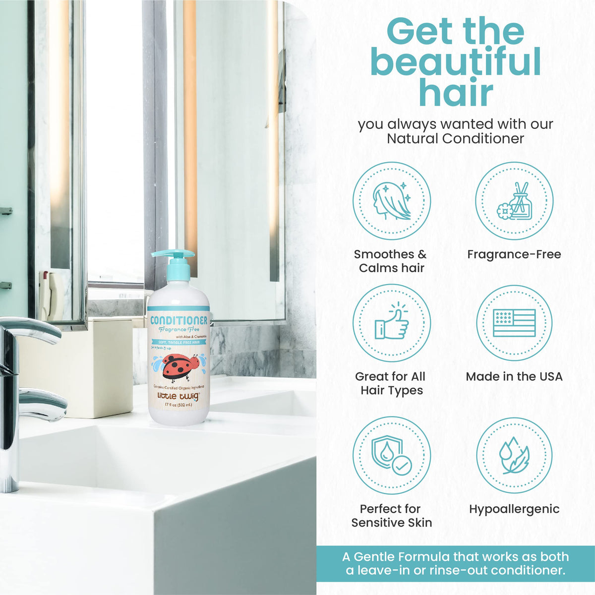 Little Twig conditioner in hand showing 17 fl oz size for family use