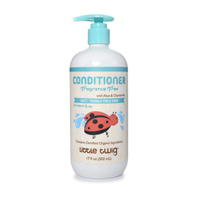 Little Twig front label bottle showing product information and design benefits