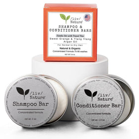 /liv/ Nature front packaging showing shampoo and conditioner set, highlights compact convenience