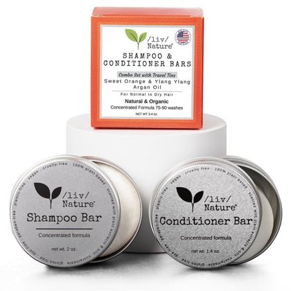 /liv/ Nature front packaging showing shampoo and conditioner set, highlights compact convenience