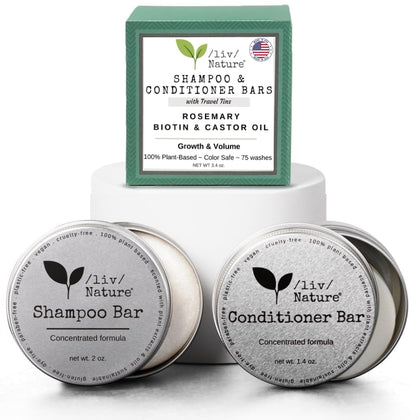 /liv/ Nature front packaging of shampoo and conditioner bars showing brand and travel tins benefit