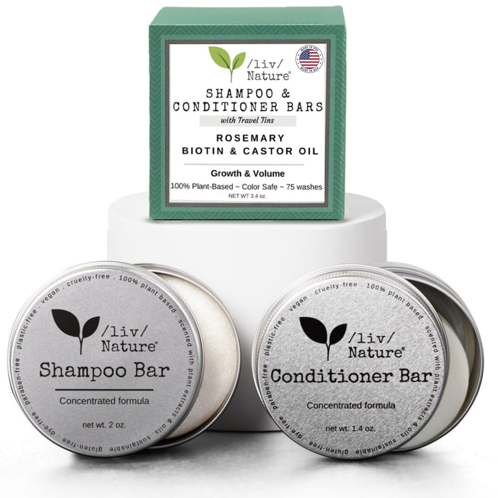/liv/ Nature front packaging of shampoo and conditioner bars showing brand and travel tins benefit