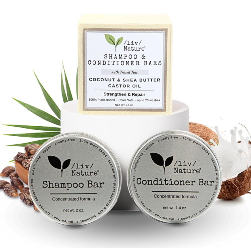/liv/ Nature front packaging showing both shampoo and conditioner bars for easy identification and convenience