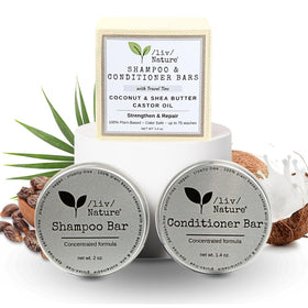 /liv/ Nature front packaging showing both shampoo and conditioner bars for easy identification and convenience