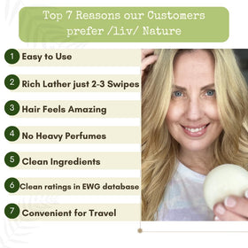 /liv/ Nature shampoo bar on bathroom counter in lifestyle setting showing stylish, zero-plastic benefit