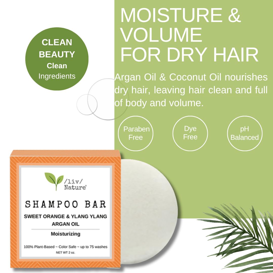 /liv/ Nature shampoo bar in hand to show compact travel size and long-lasting benefit